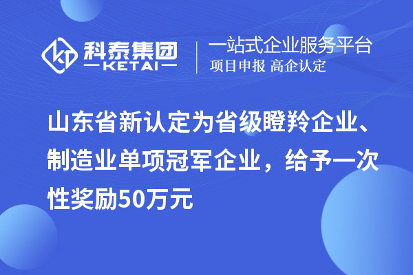 山东省新认定为省级瞪羚企业、制造业单项冠军企业，给予一次性奖励 50 万元