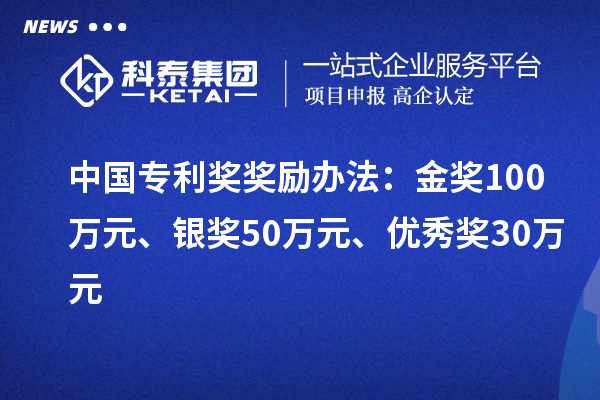中国专利奖：金奖100万元、银奖50万元、优秀奖30万元（省级）