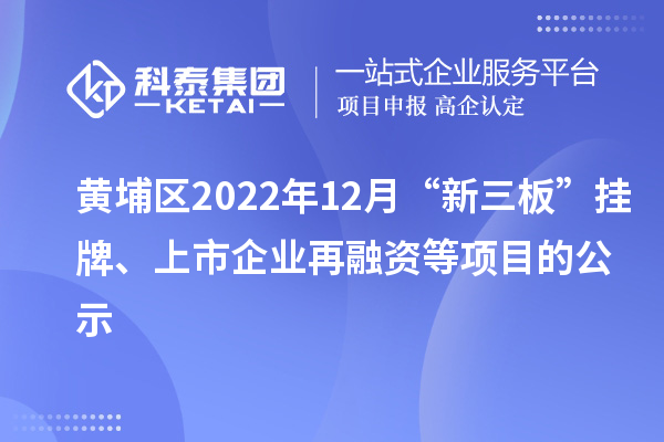 黄埔区2022年12月“新三板”挂牌、上市企业再融资等项目的公示