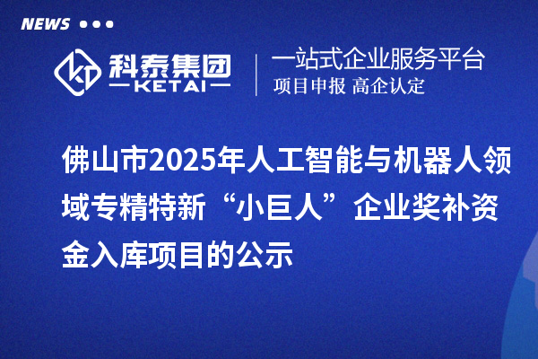 佛山市2025年人工智能与机器人领域专精特新“小巨人”企业奖补资金入库项目的公示