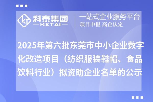 2025年第六批东莞市数字化转型城市试点专项资金中小企业数字化改造项目（纺织服装鞋帽、食品饮料行业）拟资助企业名单的公示