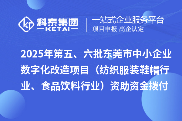 2025年第五、六批东莞市中小企业数字化改造项目（纺织服装鞋帽行业、食品饮料行业）资助资金拨付